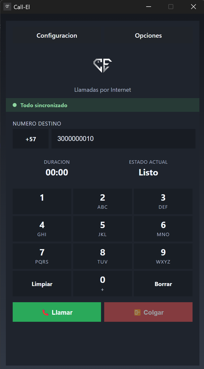 Pantalla de Call-el con llamada lista para marcar y teclado numérico