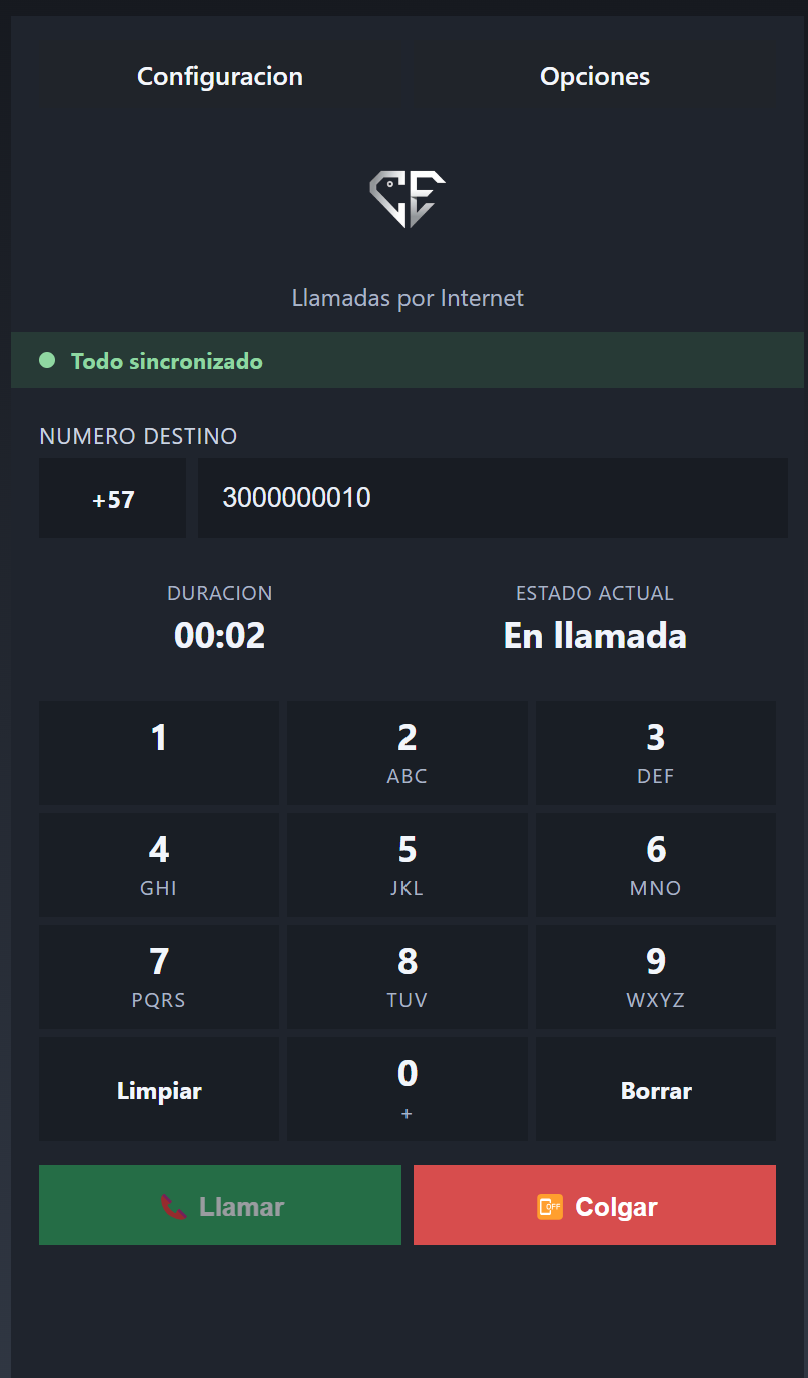 Pantalla de Call-el con llamada en curso y estado en llamada