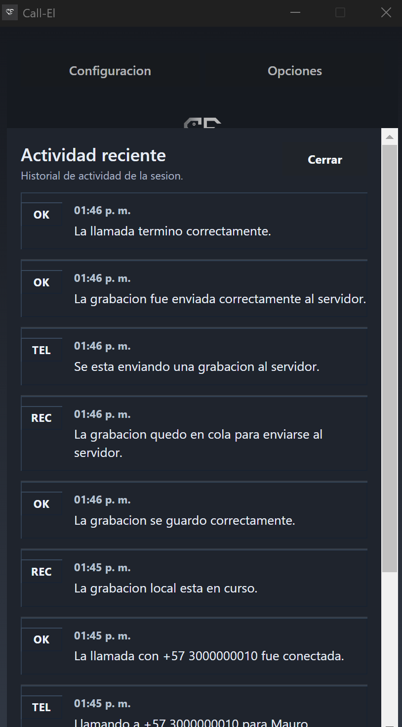 Registro reciente de actividad de llamadas y grabaciones en Call-el